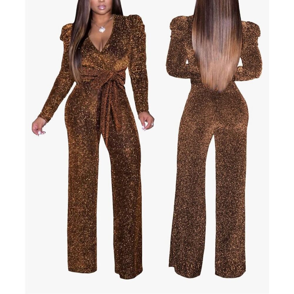 Disco Nights Jumpsuit copper-gold sparkle,  Long Sleeve, Sz XL